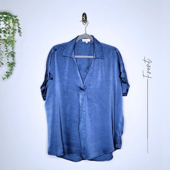 BLUE SATIN V NECK WITH COLLAR POPOVER BLOUSE - Picture 2 of 7